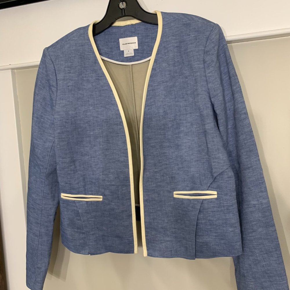 CLUB MONACO Blue Blazer w/Ivory Faux Leather Trim